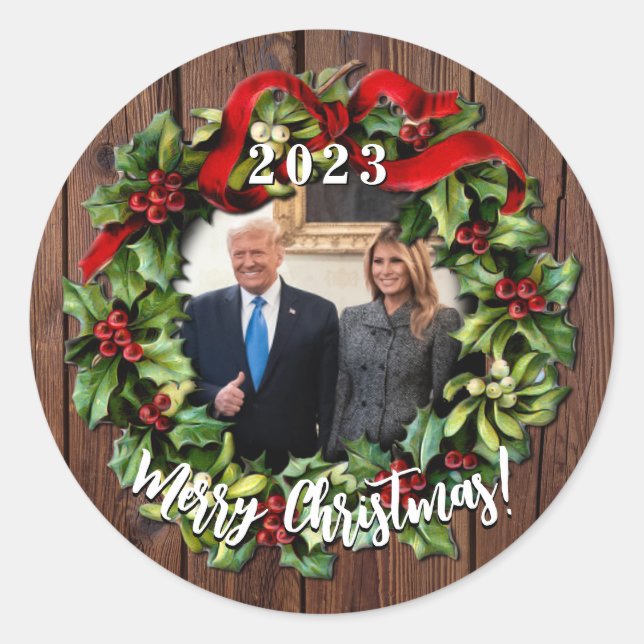 Adesivo Redondo Donald Trump & Melania 2023 Holly Wreath (Frente)