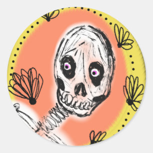 Adesivo Redondo Doodle de Halloween de Esqueleto Sinistro