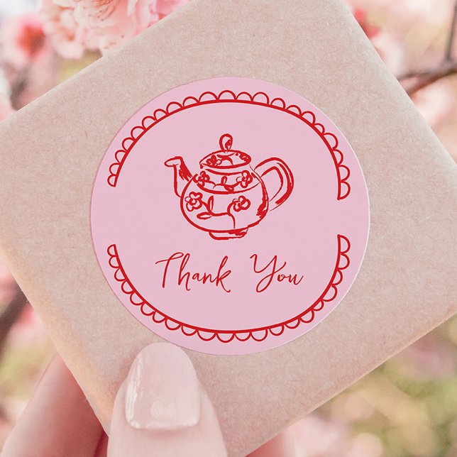 Adesivo Redondo Doodle do Pote do chá rosa, obrigado (pink and red hand-drawn scribble bridal shower thank you favour sticker)