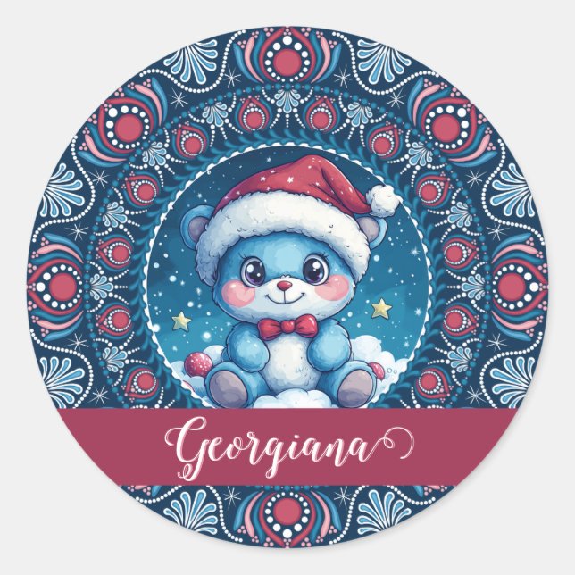 Adesivo Redondo Dot do Urso Kawaii Personalizado de Natal Mandala (Frente)