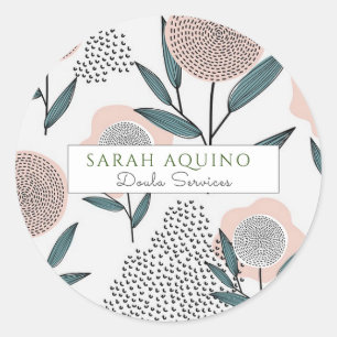 Adesivo Redondo Doula Hand Drawn Floral Dusty Coral E Verde