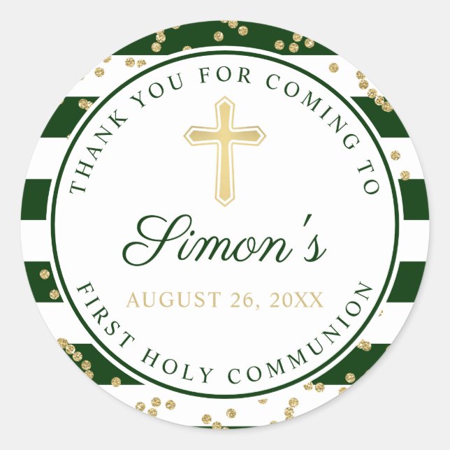 Adesivo Redondo Dourada brilho verde-riscado Primeira Comunhão Sag (Frente)