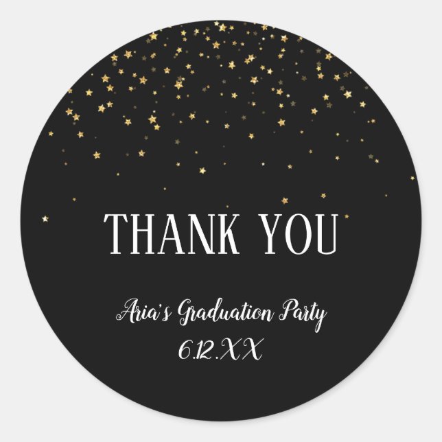 Adesivo Redondo Dourada Confetti sobre Graduação Negra Obrigado po (Frente)
