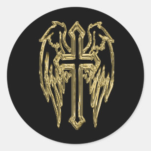 Adesivo Redondo Dourada cruz católica com asas