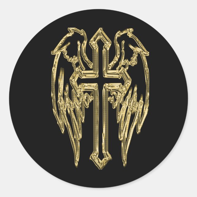 Adesivo Redondo Dourada cruz católica com asas (Frente)