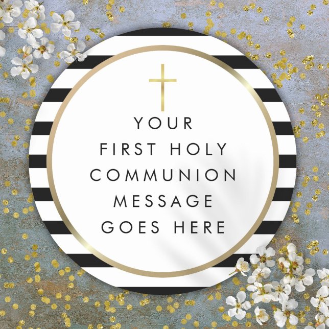 Adesivo Redondo Dourada Cruz Stripe Primeira Sagrada Mensagem Comu (Gold Cross Stripe First Holy Communion Message Classic Round Sticker)