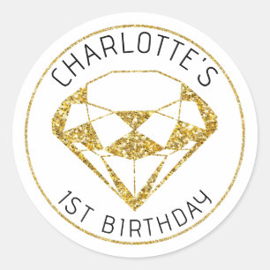 Adesivo Redondo Dourada Diamond Gem Birthday Favor Sticker