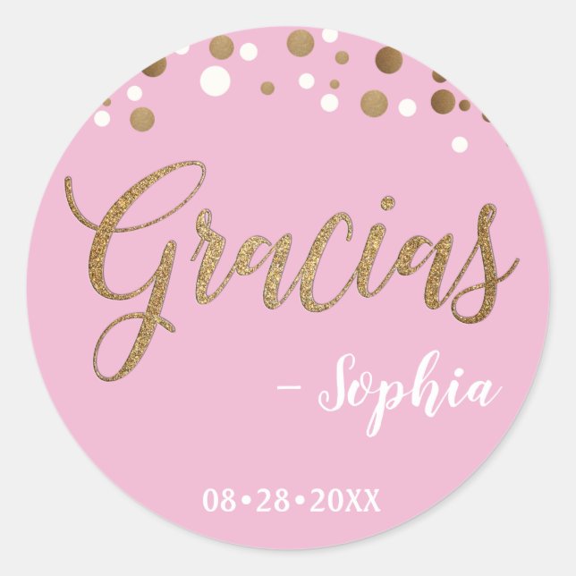 Adesivo Redondo Dourada e rosa Confetti Gracias Obrigado aniversár (Frente)