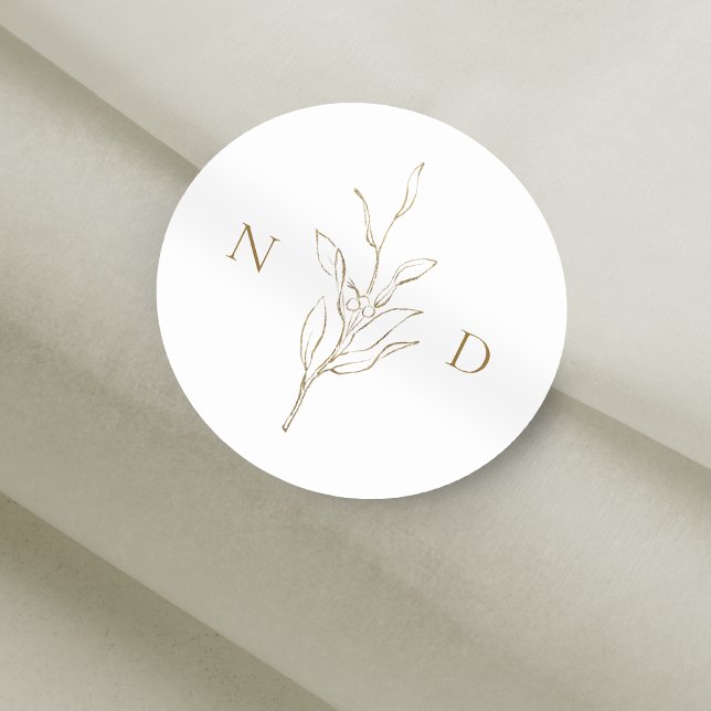 Adesivo Redondo Dourada e simples folhas botânicas elegantes, casa (Gold simple elegant botanical leaves wedding classic round sticker)