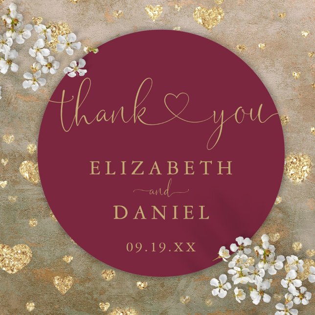 Adesivo Redondo Dourada Escrita Cardíaca Burgundy Obrigado Favor D (Burgundy Gold Heart Script Thank You Wedding Favor Classic Round Sticker)