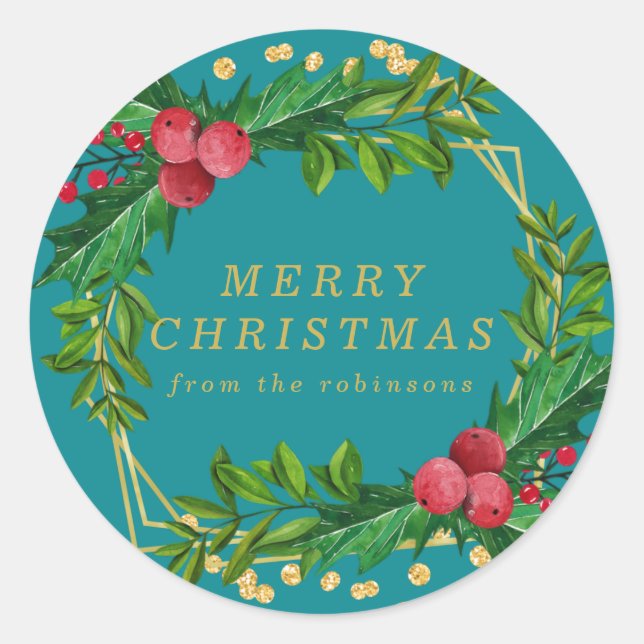 Adesivo Redondo Dourada Família Teal Feliz Natal Holly Glitter (Frente)