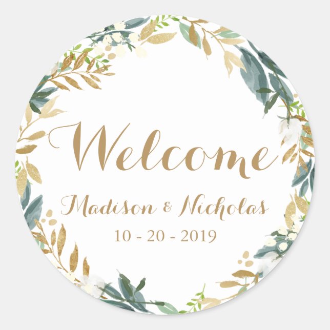 Adesivo Redondo Dourada Flor Branca Wreath Wreath Boas-vindas Stic (Frente)