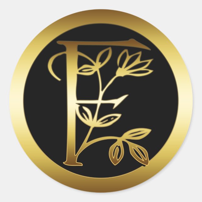 ADESIVO REDONDO DOURADA FLORAL MONOGRAMA LETRA F (Frente)