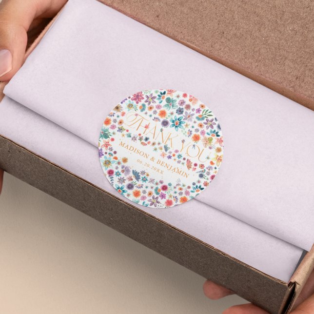 Adesivo Redondo Dourada Floral Wildflower Obrigado Favor do Casame (Criador carregado)