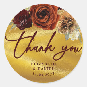 Adesivo Redondo Dourada Foliage Rustic Floral Obrigado Sticker