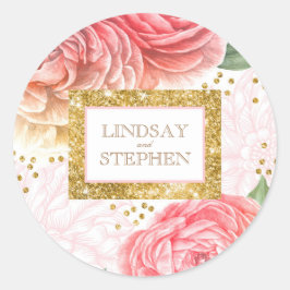 Adesivo Redondo Dourada Glitter Confetti e Flores Rosa Aquarela