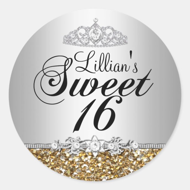 Adesivo Redondo Dourada Glitter & Diamond Tiara Sweet 16 Sticker (Frente)