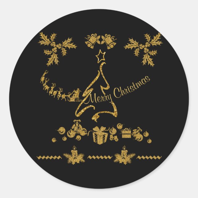 Adesivo Redondo Dourada Glitter Feliz Natal, Papai Noel (Frente)