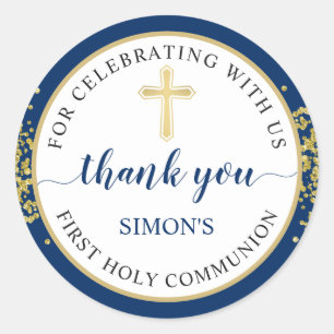 Adesivo Redondo Dourada Glitter Marinho Azul Primeira Comunhão Ob