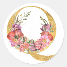 Adesivo Redondo Dourada letra Q MONOGRAM com flor