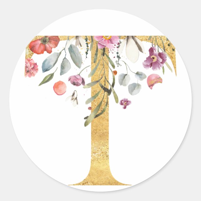 Adesivo Redondo Dourada letra T MONOGRAM com flor (Frente)