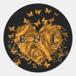 Adesivo Redondo Dourada Noiva do Coração e Borboletas do Groom