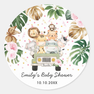 Adesivo Redondo Dourada rosa Safari Selva Animal Greenery Baby Gir