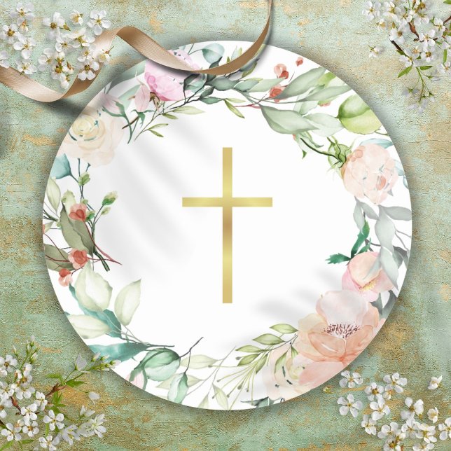 Adesivo Redondo Dourada simples Cross Woodland Rosa Garland (Simple Gold Cross Woodland Rose Garland Classic Round Sticker)