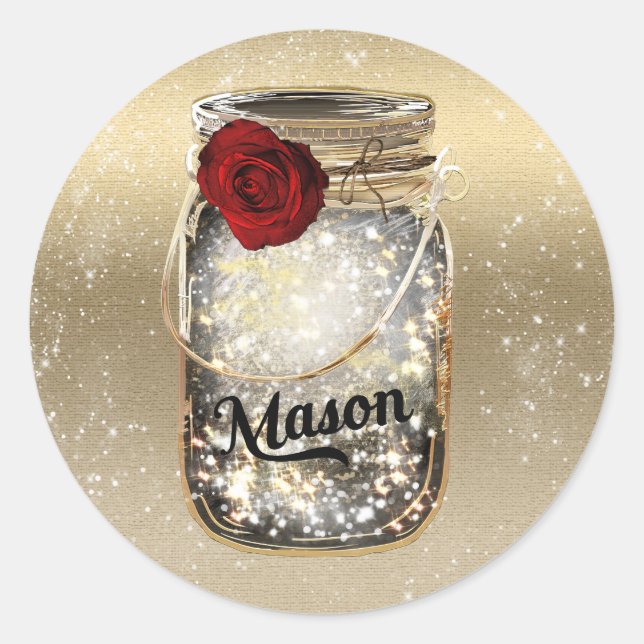 Adesivo Redondo Dourada Sparkle Glam Rosa vermelha Mason Jar Party (Frente)