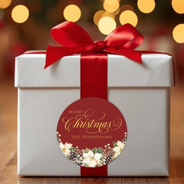 Adesivo Redondo Dourada tipografia natalícia Poinsettia red (Gold Typography Christmas Poinsettia red Classic Round Sticker)