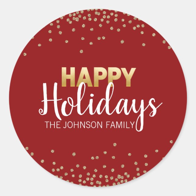 Adesivo Redondo DOURADA VERMELHA, Confetti Xmas Felizes HOLIDAYS (Frente)