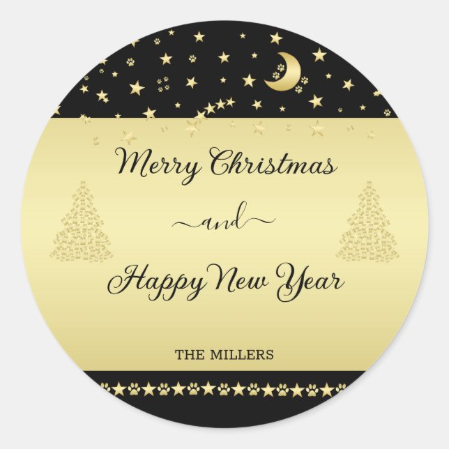 Adesivo Redondo Douradas estrelas brilhantes de Natal, patas em ou (Frente)