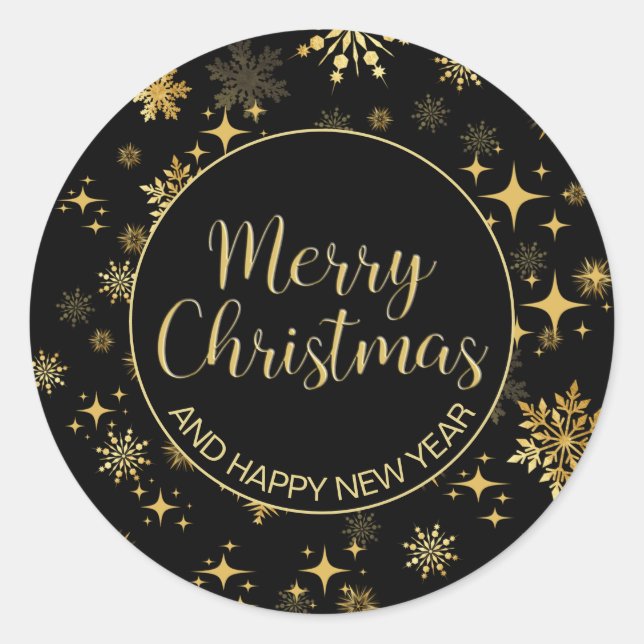 Adesivo Redondo Douradas estrelas e flocos de neve no Natal (Frente)