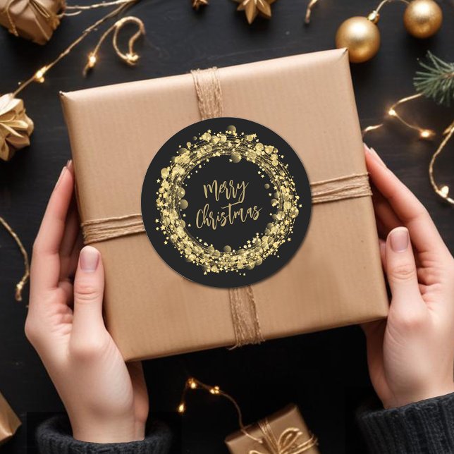 Adesivo Redondo Douradas estrelas Feliz Natal (Merry Christmas twinkling gold stars round stickers)