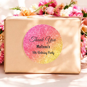 Adesivo Redondo Dourado Amarelo de aniversário rosa, obrigado Stic