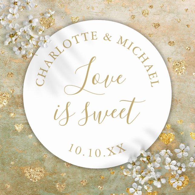 Adesivo Redondo Dourado amor é um doce favor de casamento (Gold Love Is Sweet Wedding Favor Classic Round Sticker)