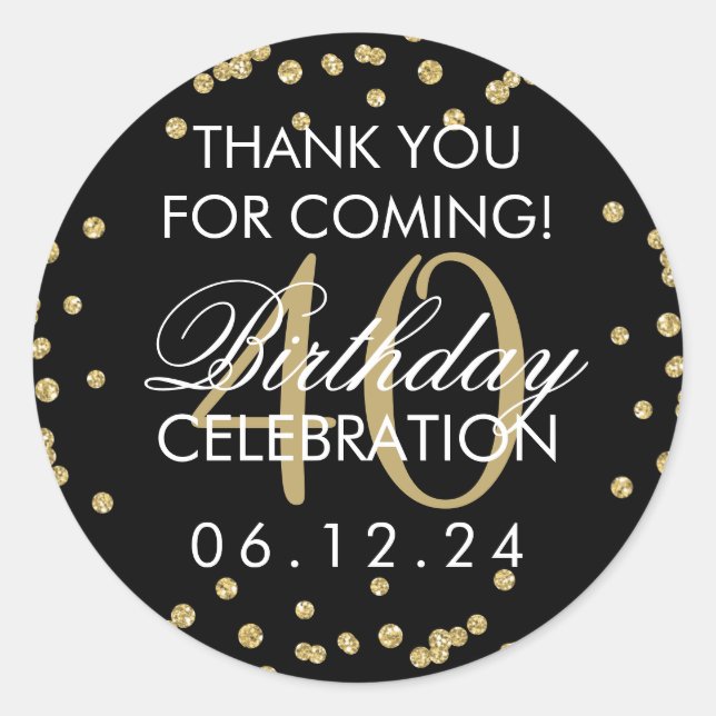 Adesivo Redondo Dourado aniversário de 40 anos Negro Obrigado Conf (Frente)
