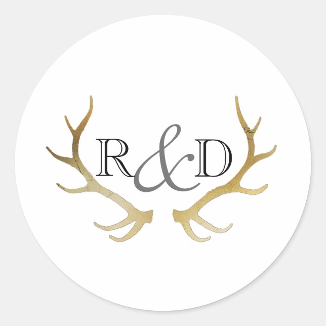 Adesivo Redondo Dourado Antler Russo | Casamento Inicial Elegante (Frente)