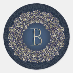 Adesivo Redondo Dourado Azul Ornato B Fancy Damask Monograma 