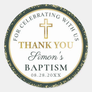 Adesivo Redondo Dourado Batismo Verde Escuro Muito Obrigado