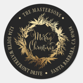 Adesivo Redondo Dourado Black Merry Christmas Wreath Return Endere