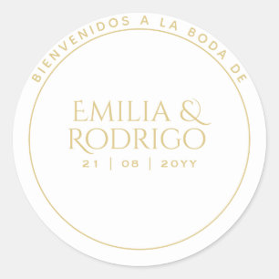 Adesivo Redondo Dourado Boda Espanhol Branco Bem-vindo Favor do Ca