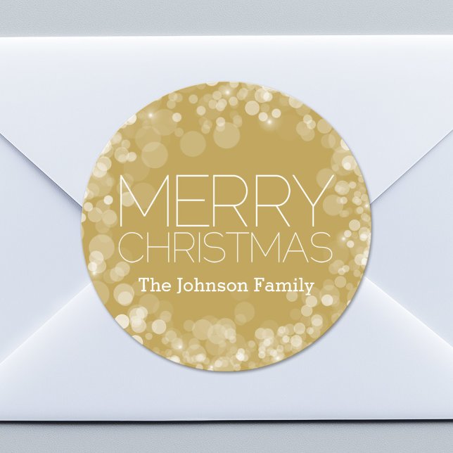 Adesivo Redondo Dourado Bokeh Modern Felry Natal (Custom Sticker for Party Favors or Envelopes)