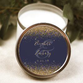 Adesivo Redondo Dourado Brilho Script Azul Escuro Casamento