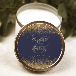 Adesivo Redondo Dourado Brilho Script Azul Escuro Casamento