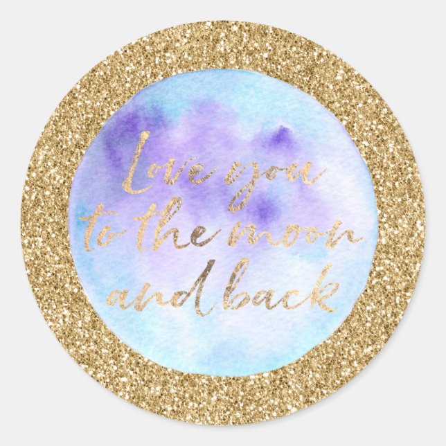 Adesivo Redondo Dourado brilho te ama à lua aquarela (Frente)