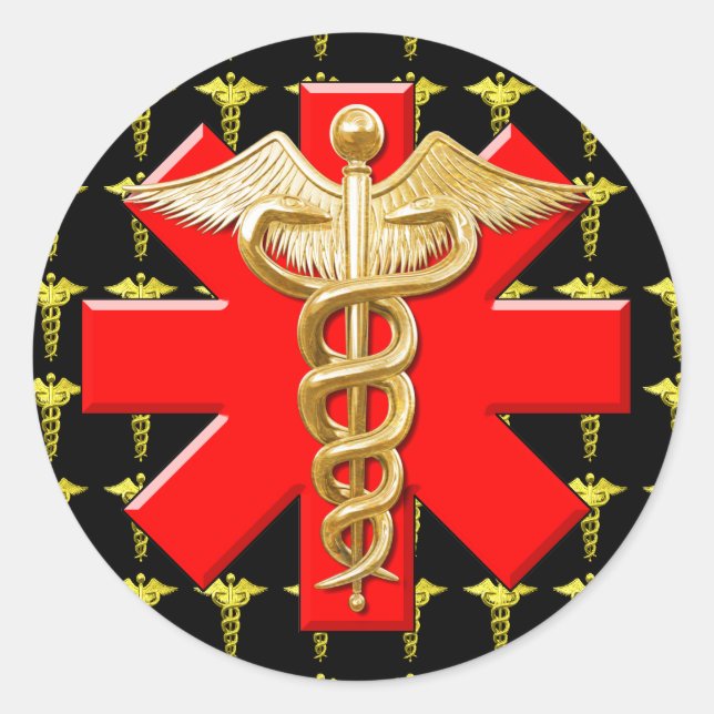 Adesivo Redondo Dourado Caduco E Cruz Médica (Frente)