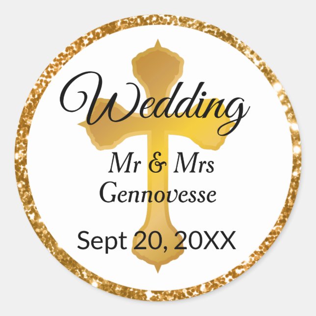 Adesivo Redondo Dourado Casamento Cruzado Favor Stickers Glitter (Frente)