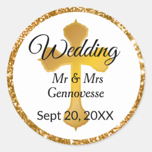 Adesivo Redondo Dourado Casamento Cruzado Favor Stickers Glitter