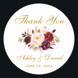 Adesivo Redondo Dourado Casamento Floral Burgundy Obrigado<br><div class="desc">Casamento Dourado por Aquarela Floral de Borgonha Marsala Obrigado Stickers</div>